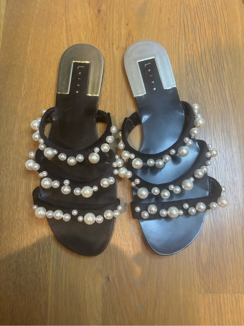 Zara Leith Black Pearl-Embellished Slide Sandals